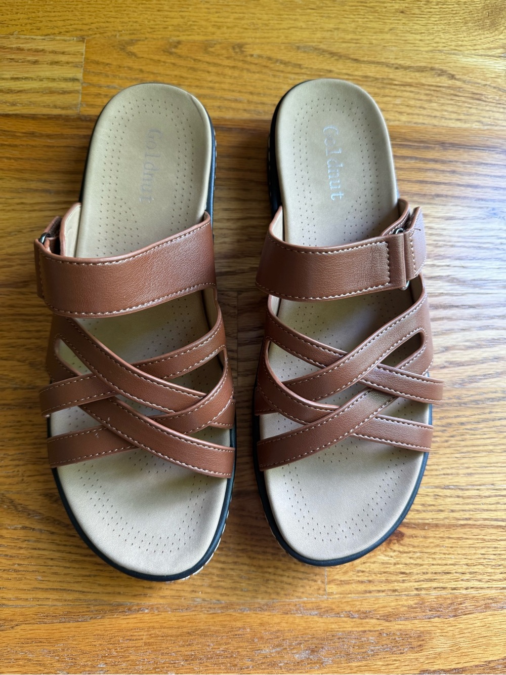Comfortable Tan Strappy Slide Sandals with Adjustable Strap - Women's